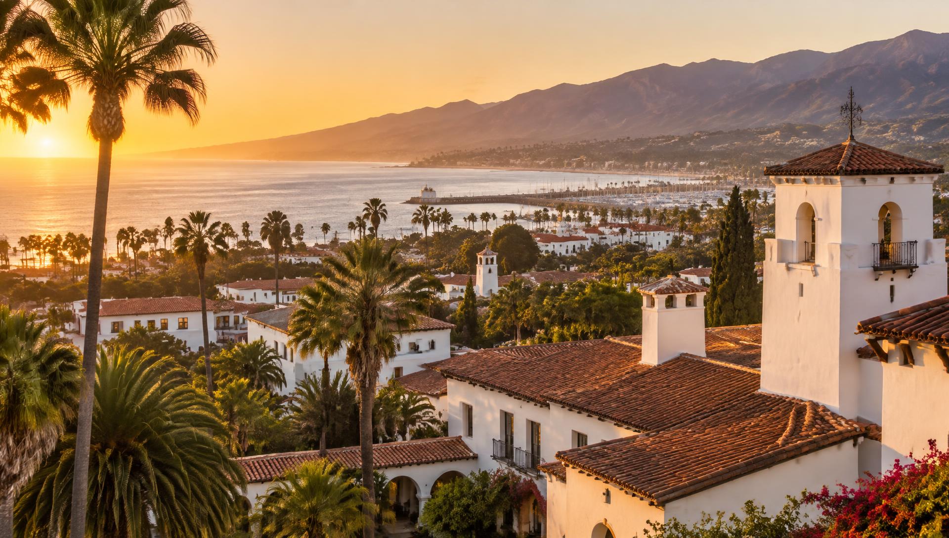 Red tile rooftops of Santa Barbara overlooking the harbor and Santa Ynez Mountains